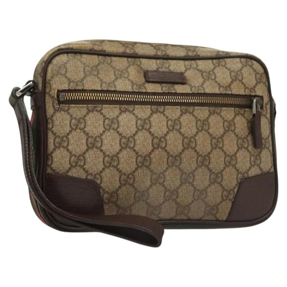 GUCCI GG Supreme Web Sherry Line Clutch Bag PVC Beige Silver 152599 Auth hk2854 - Picture 1 of 14